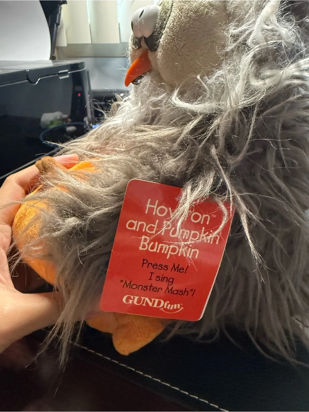 Gund Fuzzy Owl Plush Holding Orange Pumpkin, can play music.